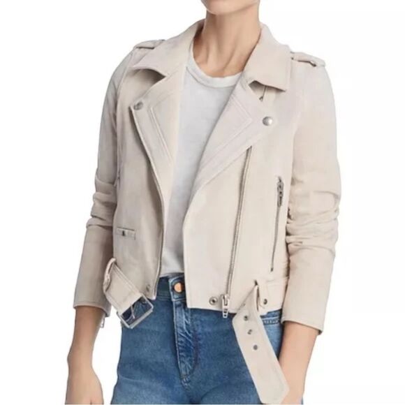 Philosophy Cream Faux Leather Suede Moto Jacket Asymmetrical Zipper Belt Size L - Picture 2 of 13